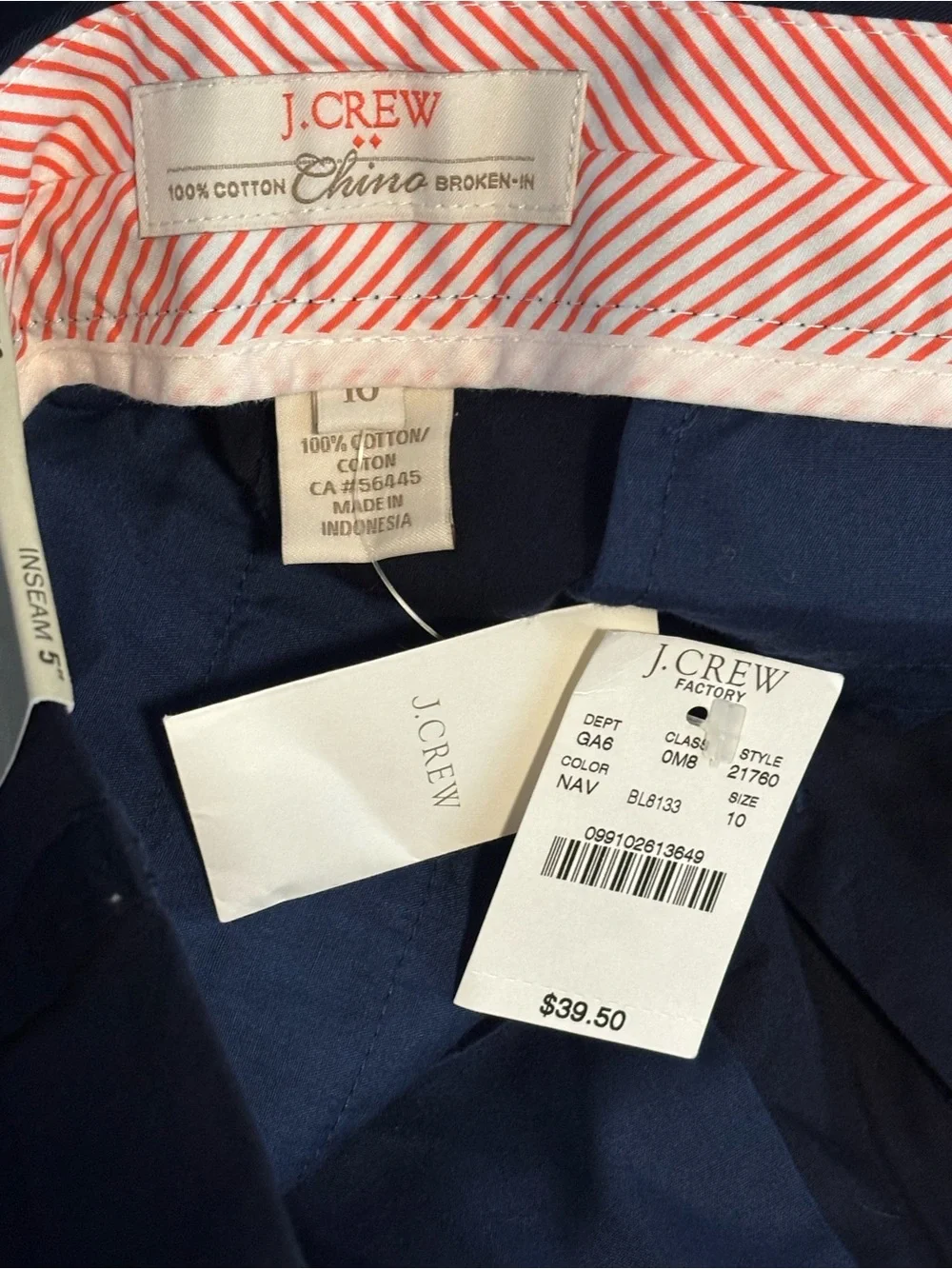 NWT J. Crew City Fit Chino Shorts Navy Blue 100% cotton 5